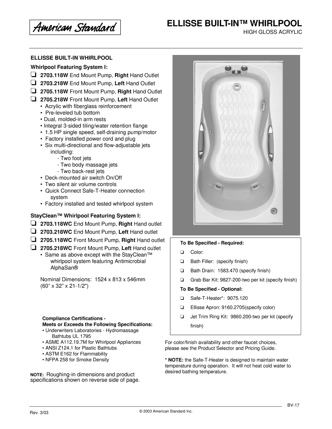 American Standard 2705.218W, 2705.118W, 2703.118W, 2703.218W dimensions Ellisse BUILT-IN Whirlpool 