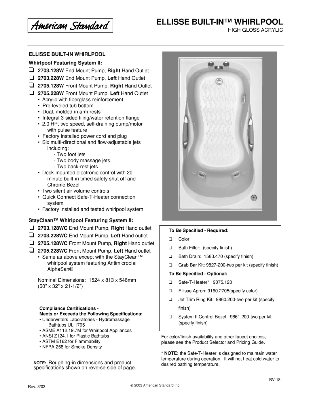 American Standard 2703.218W, 2705.118W, 2705.218W, 2703.118W dimensions BV-18 Rev /03 