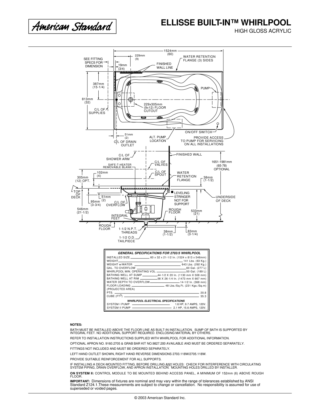 American Standard 2705.118W, 2705.218W, 2703.118W, 2703.218W dimensions Ellisse BUILT-IN Whirlpool 