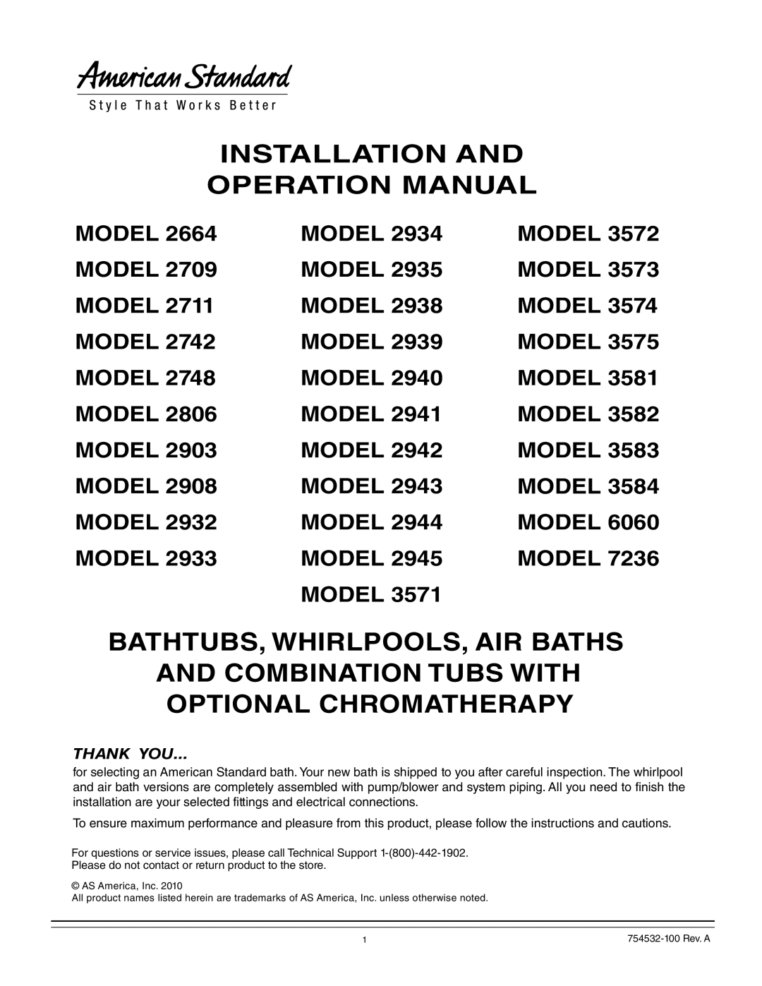 American Standard 2938, 2709, 2934, 2933, 2940, 2935, 2932, 2939, 2903, 2908, 2806, 2748, 2742, 2664 operation manual Installation 