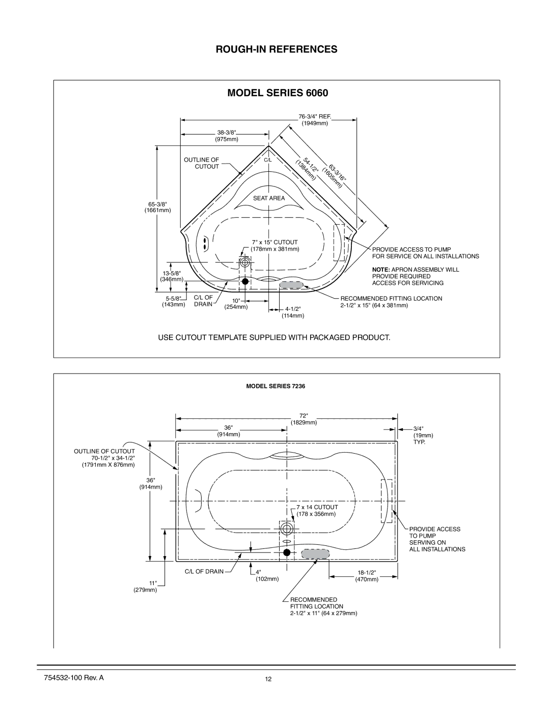 American Standard 2742, 2709, 2938, 2934, 2933, 2940, 2935, 2932, 2939, 2903 USE Cutout Template Supplied with Packaged Product 