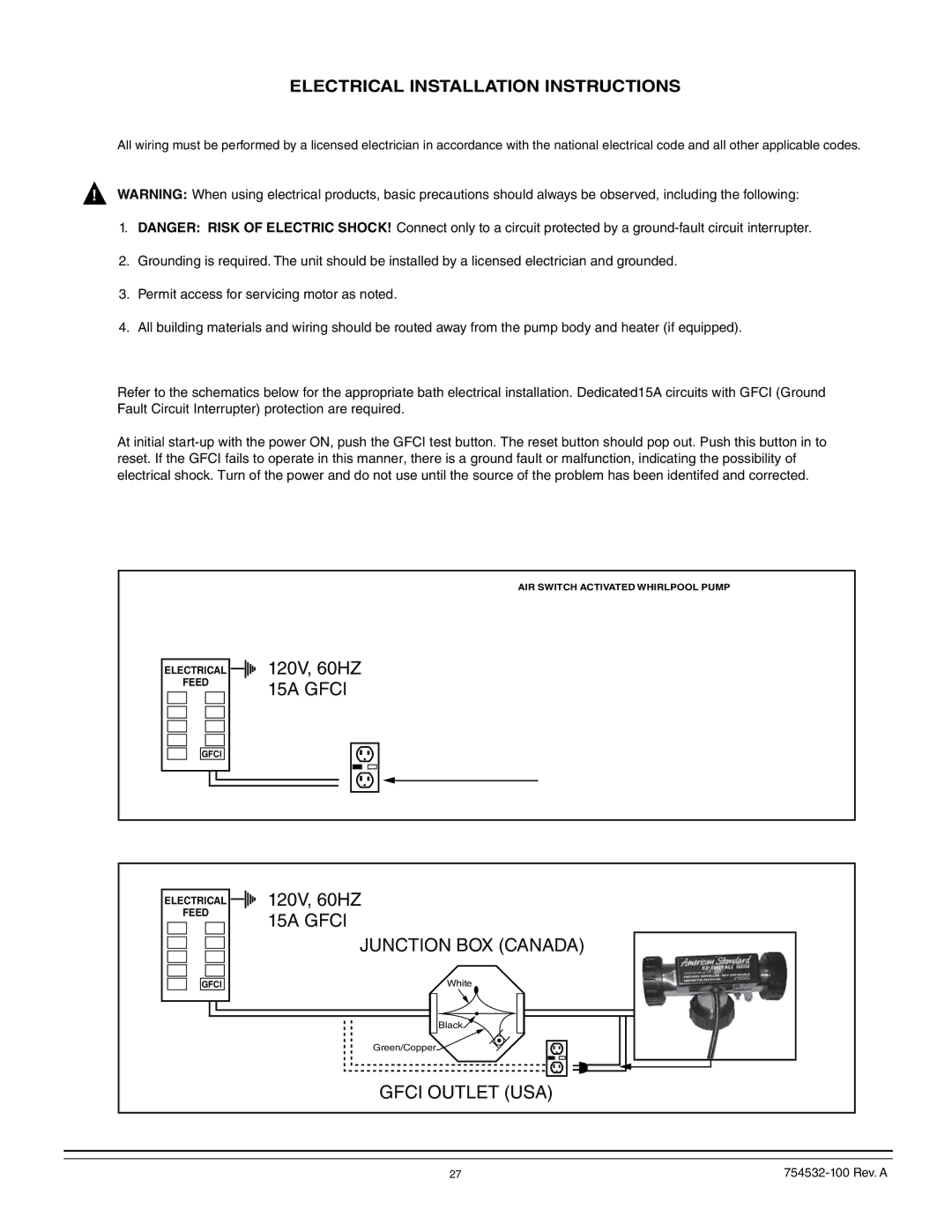 American Standard 2742, 2709, 2938, 2934, 2933, 2940, 2935, 2932, 2939, 2903, 2908, 2806, 2748 Electrical Installation Instructions 