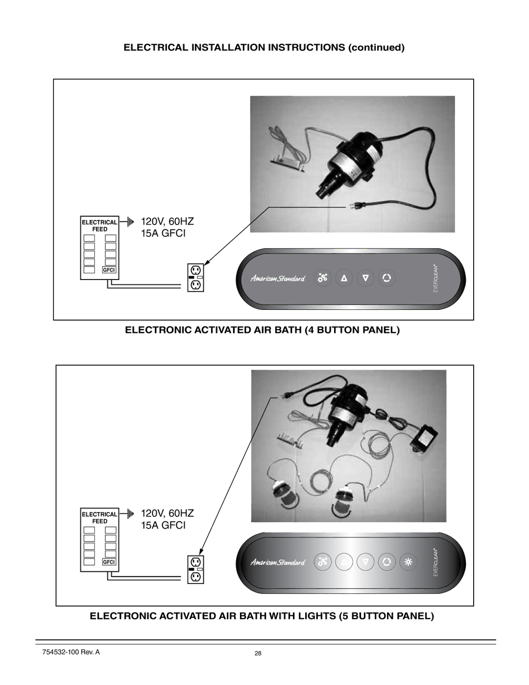 American Standard 2664, 2709, 2938, 2934, 2933, 2940, 2935, 2932, 2939, 2903, 2908 Electronic Activated AIR Bath 4 Button Panel 