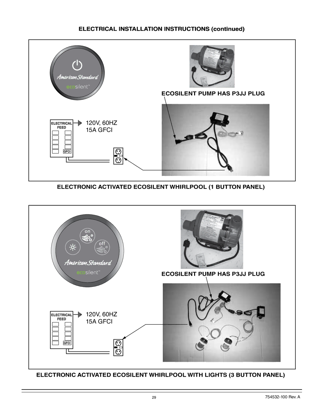 American Standard 2711, 2709, 2938, 2934, 2933, 2940, 2935, 2932, 2939, 2903 120V, 60HZ 15A Gfci, Ecosilent Pump has P3JJ Plug 