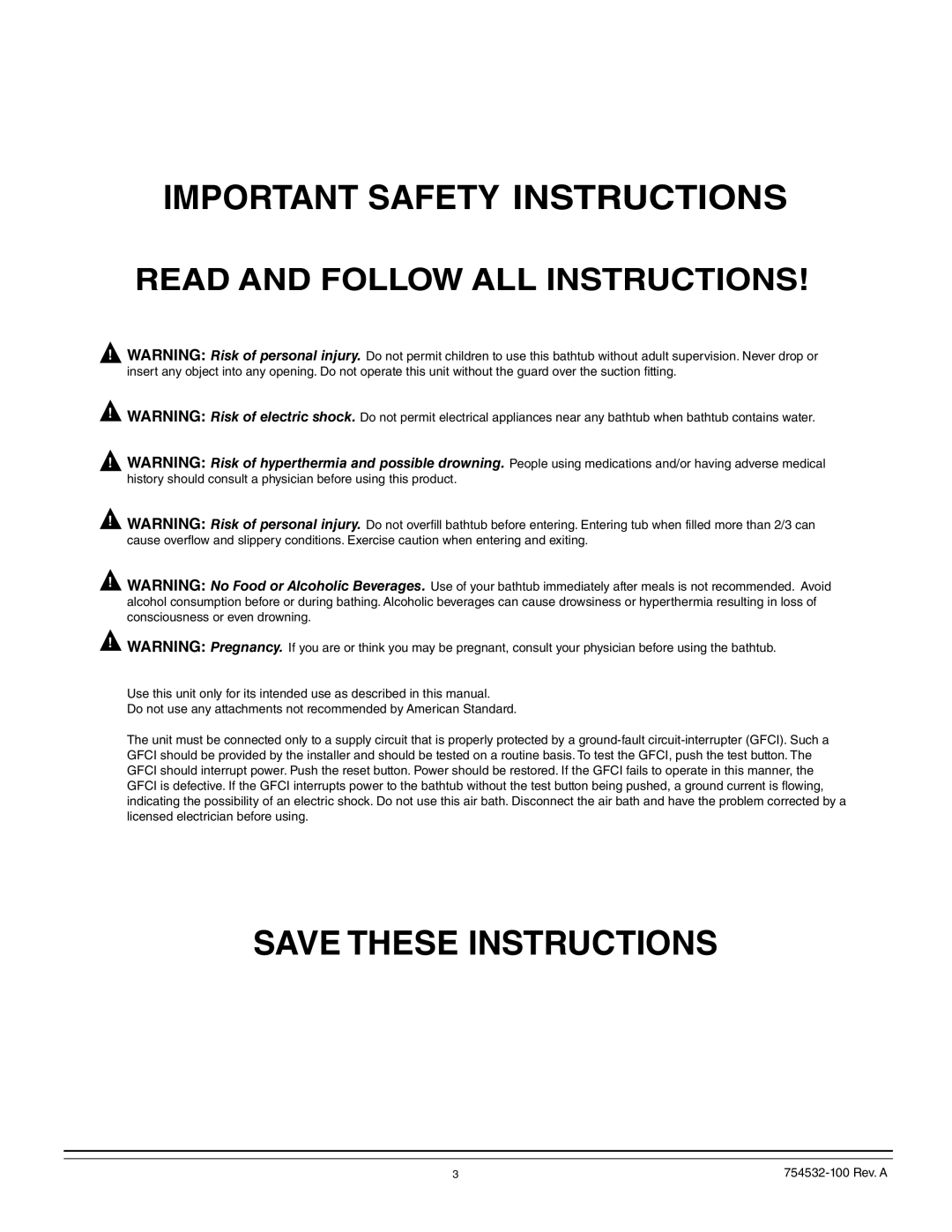 American Standard 2933, 2709, 2938, 2934, 2940, 2935, 2932, 2939, 2903, 2908, 2806, 2748, 2742, 2664 Important Safety Instructions 