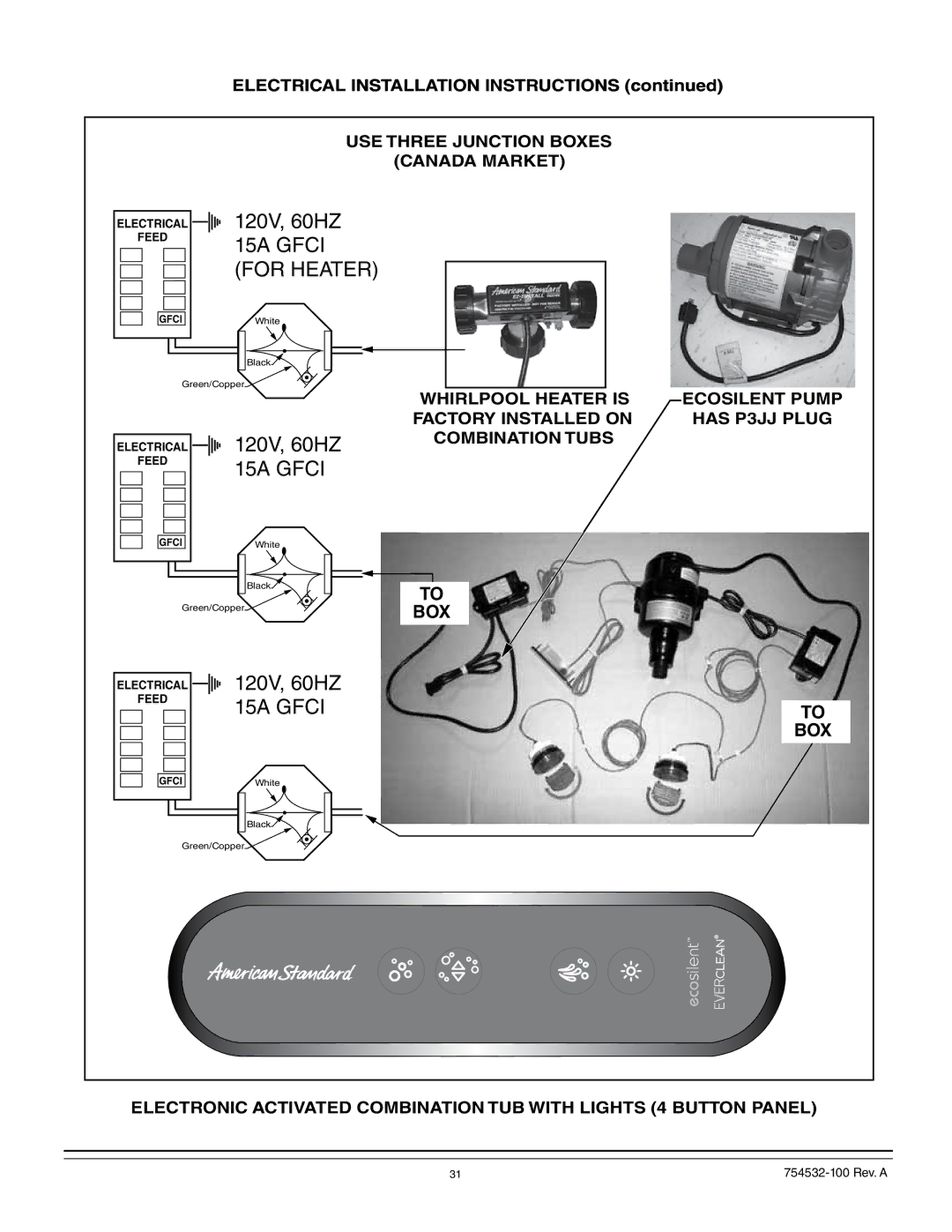 American Standard 2938, 2709, 2934, 2933, 2940, 2935, 2932, 2939 USE Three Junction Boxes Canada Market, Combination Tubs 