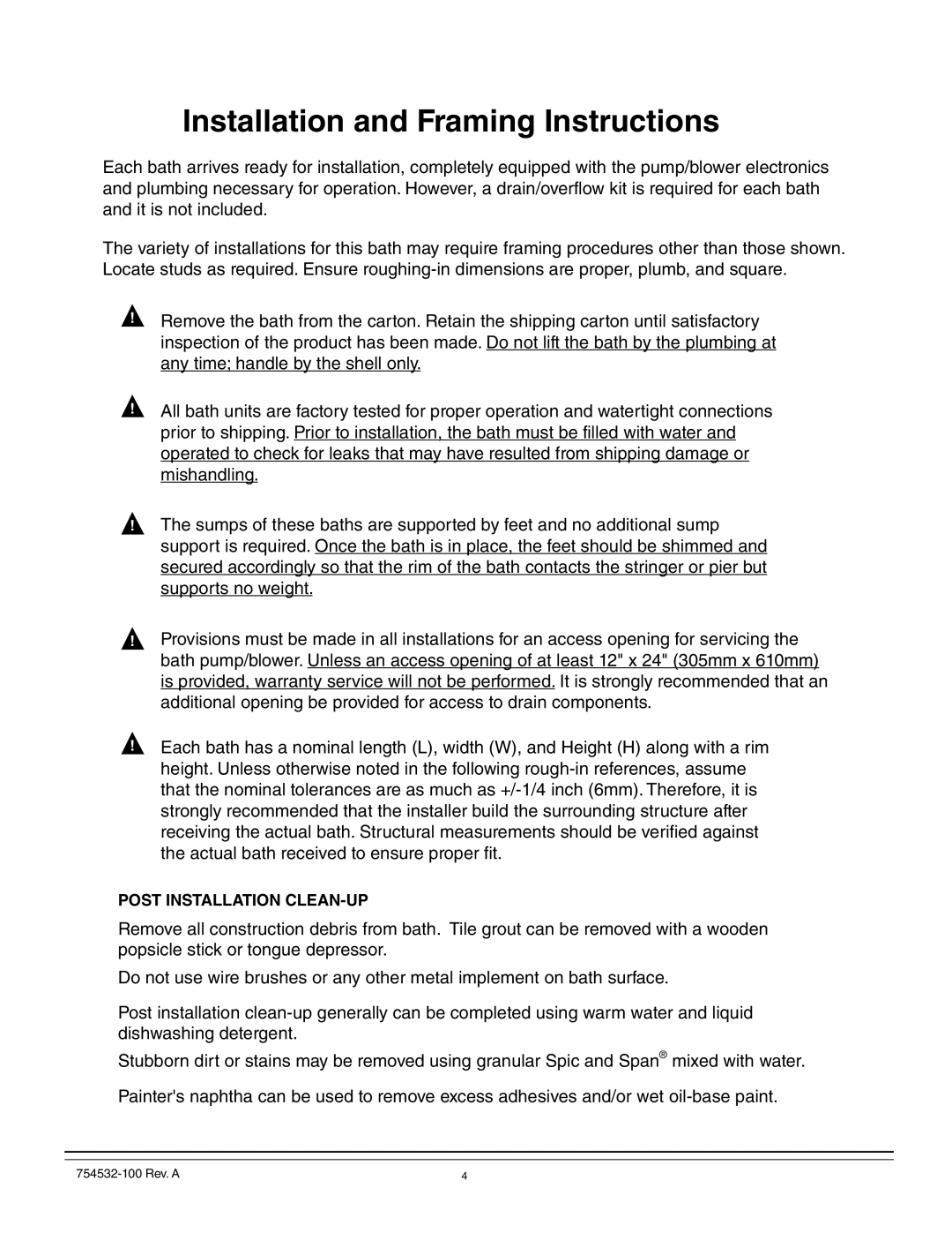 American Standard 2940, 2709, 2938, 2934, 2933, 2935, 2932 Installation and Framing Instructions, Post Installation CLEAN-UP 