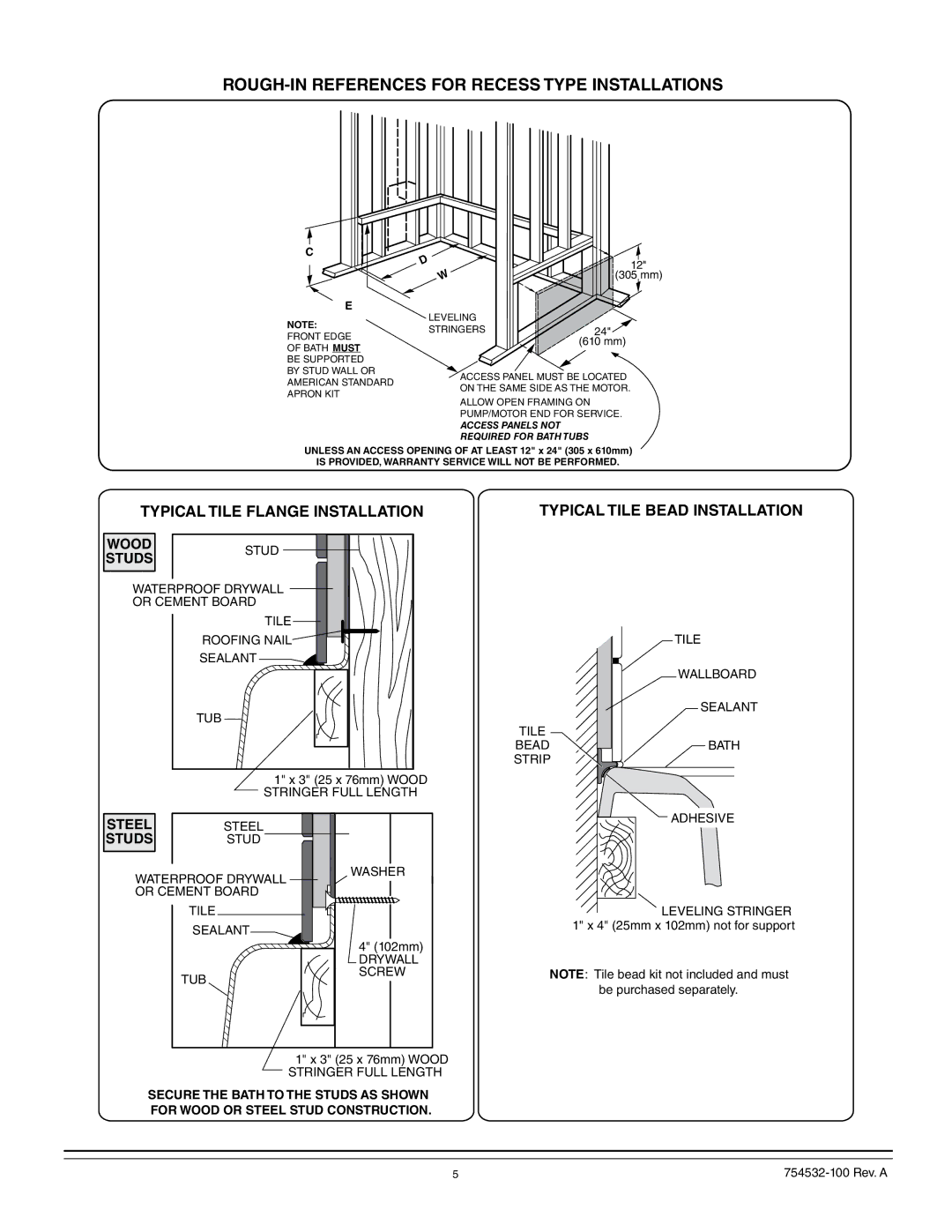 American Standard 2935, 2709, 2938, 2934, 2933, 2940, 2932, 2939, 2903 ROUGH-IN References for Recess Type Installations, 610 mm 