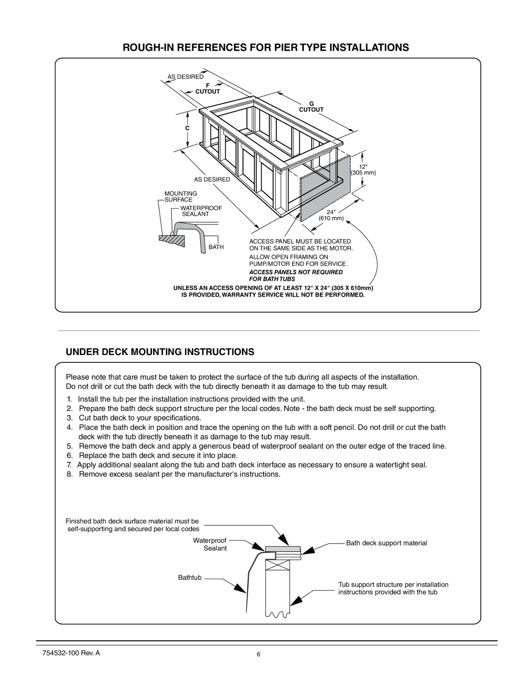 American Standard 2932, 2709, 2938, 2934 ROUGH-IN References for Pier Type Installations, Under Deck Mounting Instructions 