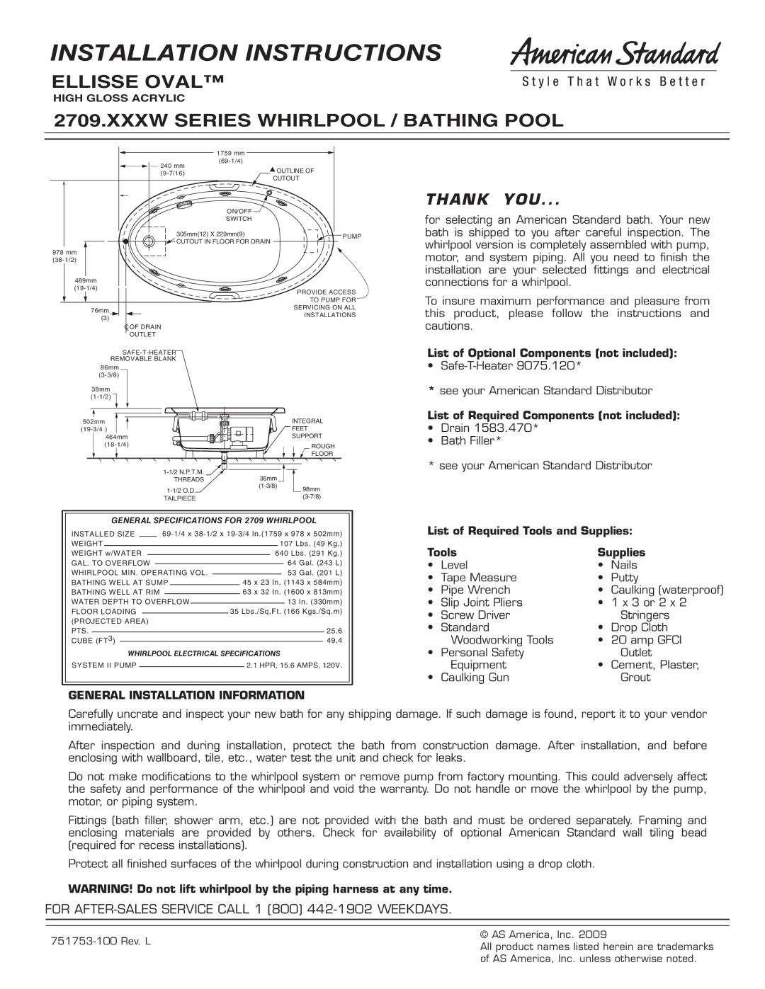 American Standard 2709 installation instructions Installation Instructions, General Installation Information 