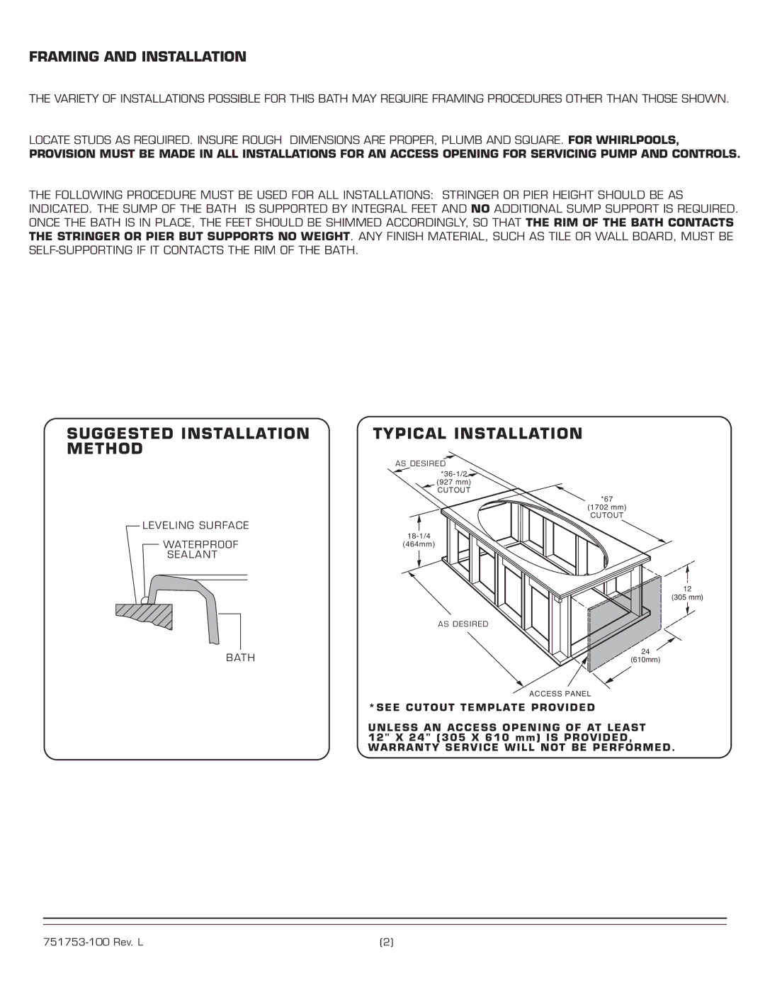 American Standard 2709 Suggested Installation Method Typical Installation, Framing and Installation 