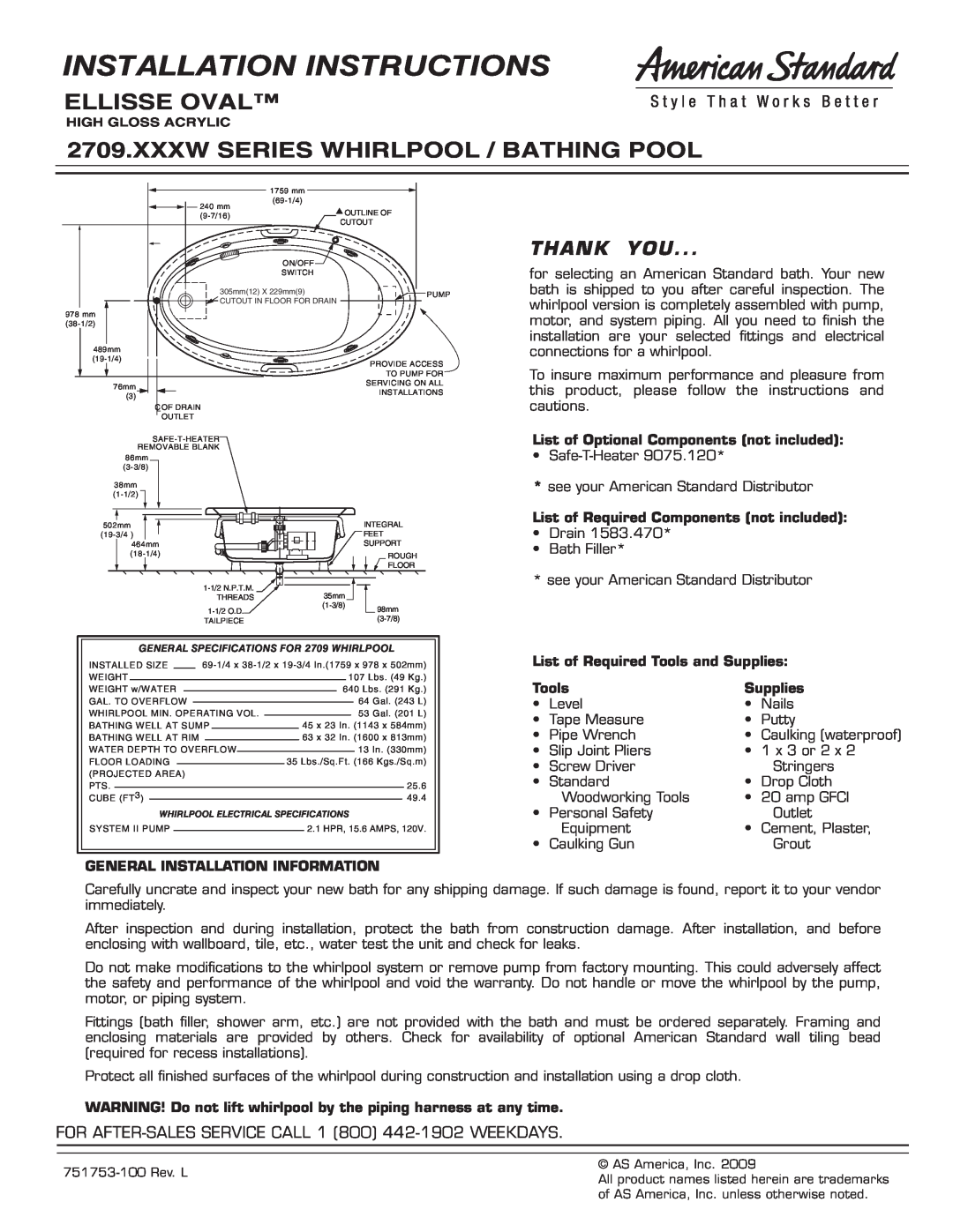 American Standard 2709 installation instructions Installation Instructions, Ellisse Oval, Thank You, Tools, Supplies 
