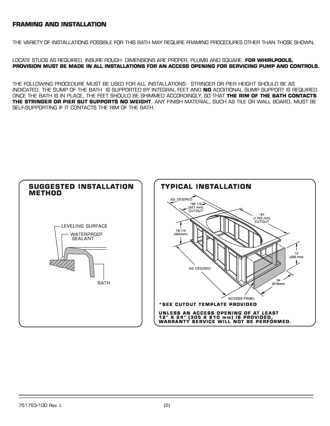 American Standard 2709 Suggested Installation Method, Typical Installation, Framing And Installation 