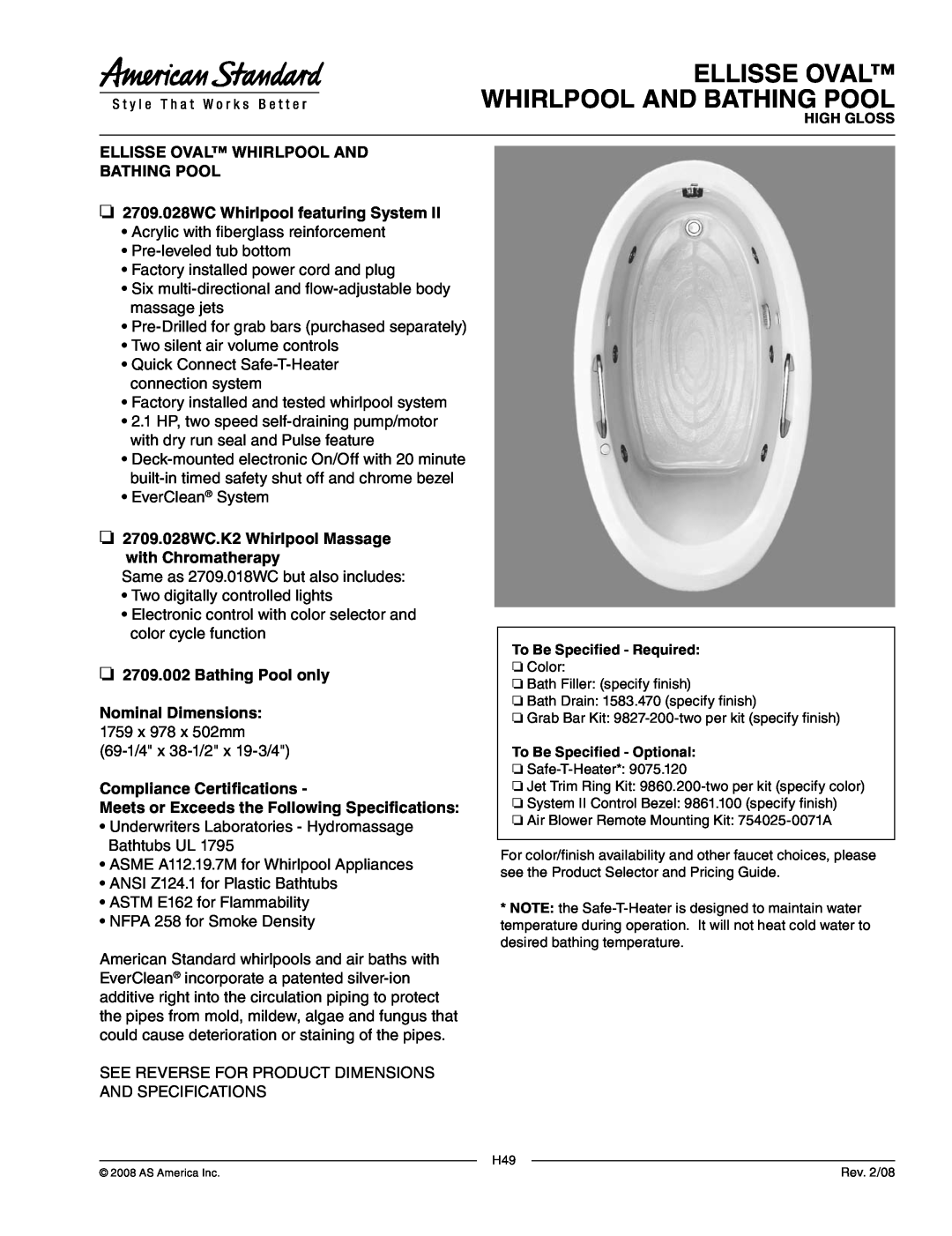 American Standard 2709.028WC.K2 dimensions Ellisse Oval Whirlpool And Bathing Pool, 2709.028WC Whirlpool featuring System 
