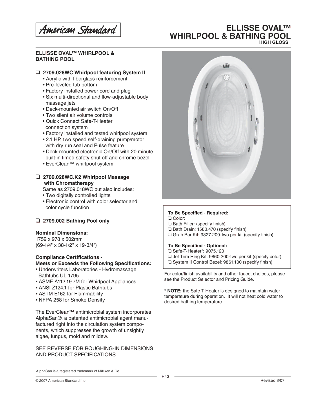 American Standard 2709.028WC dimensions Ellisse Oval Whirlpool & Bathing Pool, Ellisse Oval Whirlpool Bathing Pool 