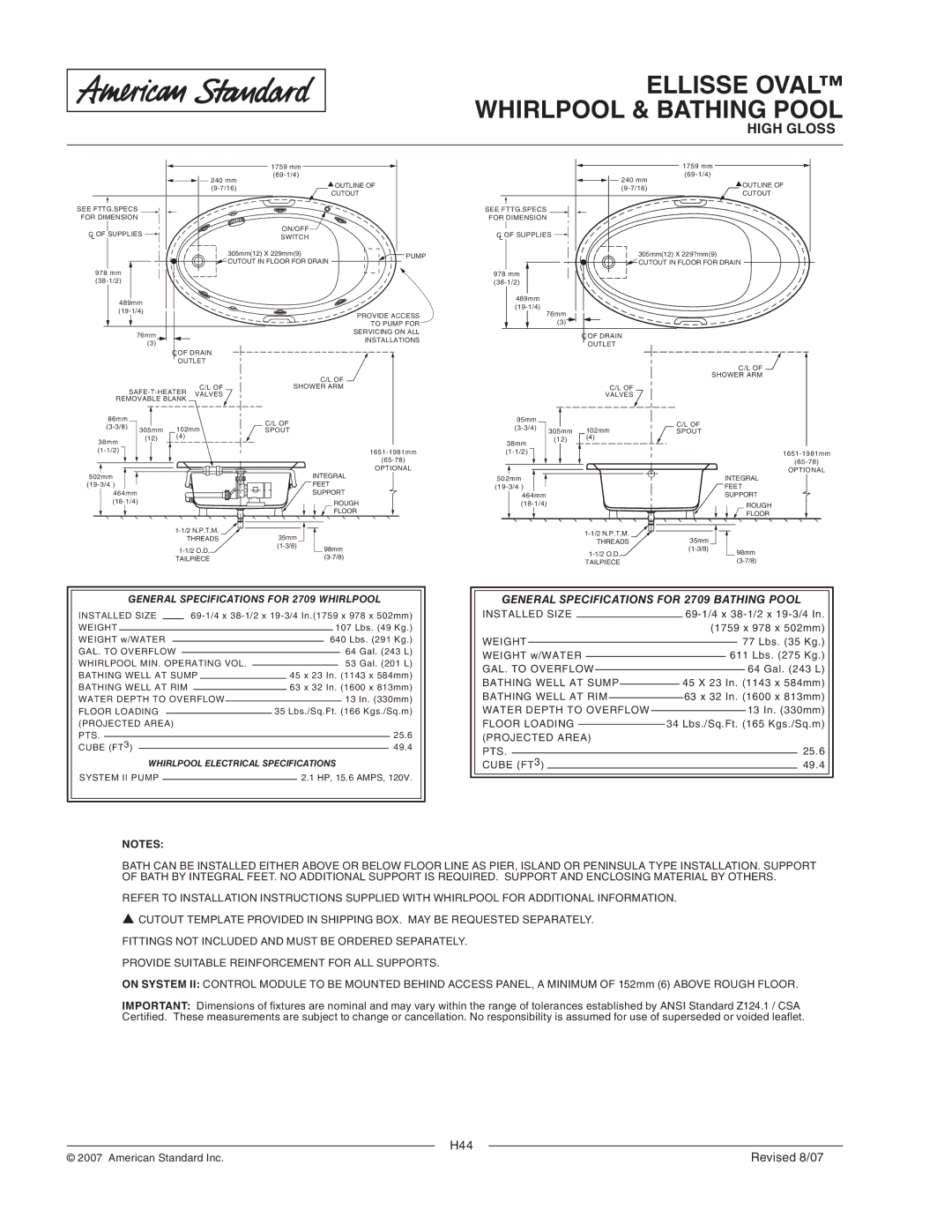 American Standard 2709.028WC Ellisse Oval, Whirlpool & Bathing Pool, General Specifications for 2709 Bathing Pool 