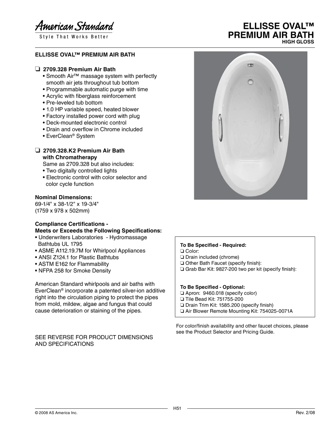 American Standard dimensions 2709.328.K2 Premium Air Bath with Chromatherapy, Nominal Dimensions 