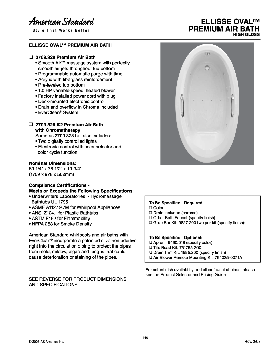 American Standard dimensions Ellisse Oval Premium Air Bath, 2709.328.K2 Premium Air Bath with Chromatherapy 