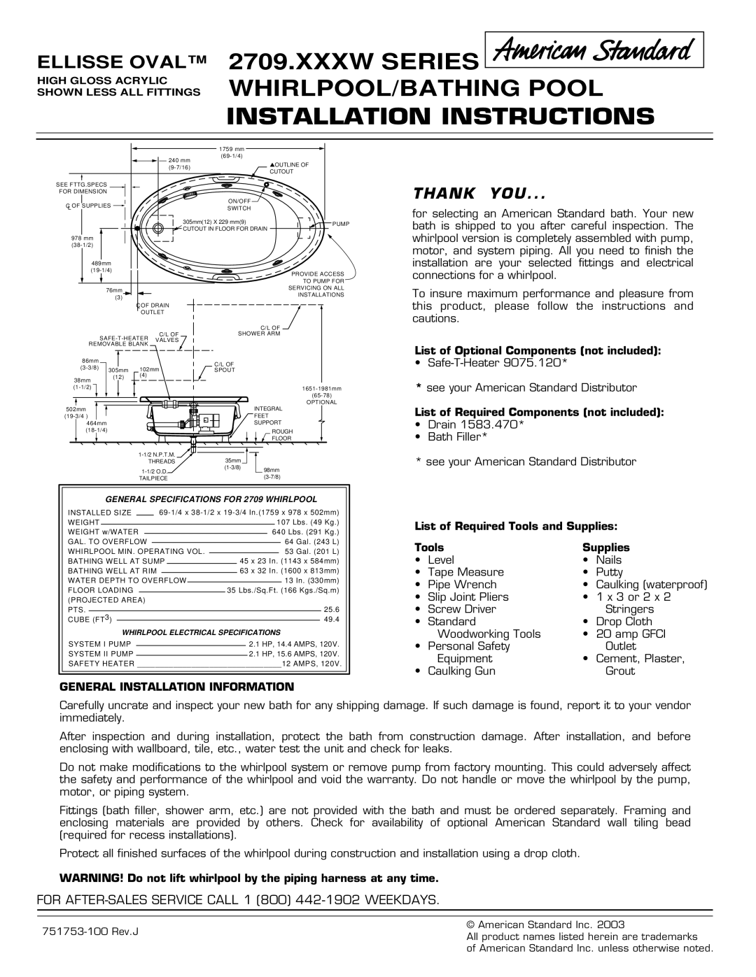 American Standard 2709.XXXW installation instructions General Installation Information 