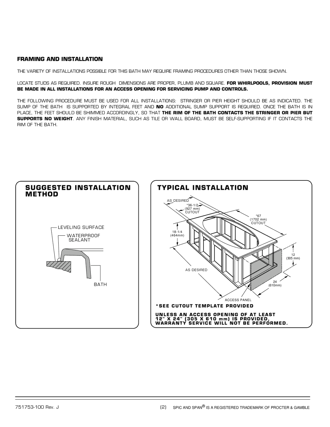 American Standard 2709.XXXW Suggested Installation Method Typical Installation, Framing and Installation 