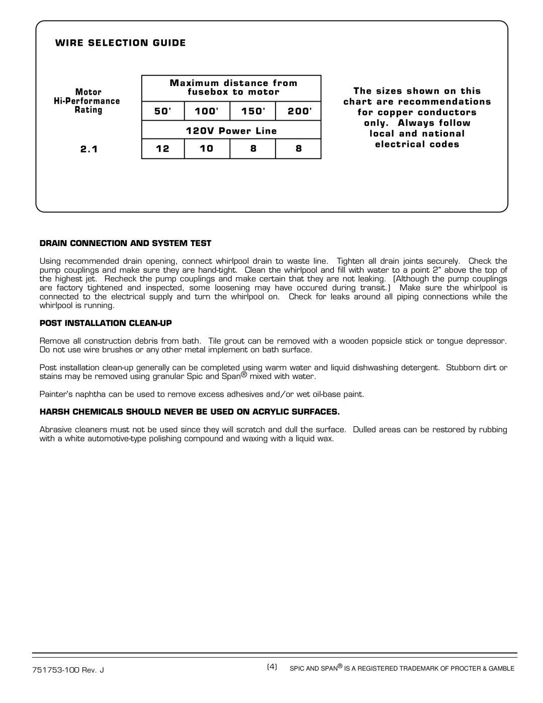 American Standard 2709.XXXW Wire Selection Guide, Drain Connection and System Test, Post Installation CLEAN-UP 