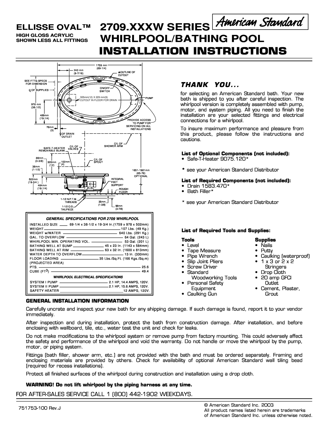 American Standard 2709.XXXW installation instructions Xxxw Series Whirlpool/Bathing Pool, Installation Instructions, Tools 