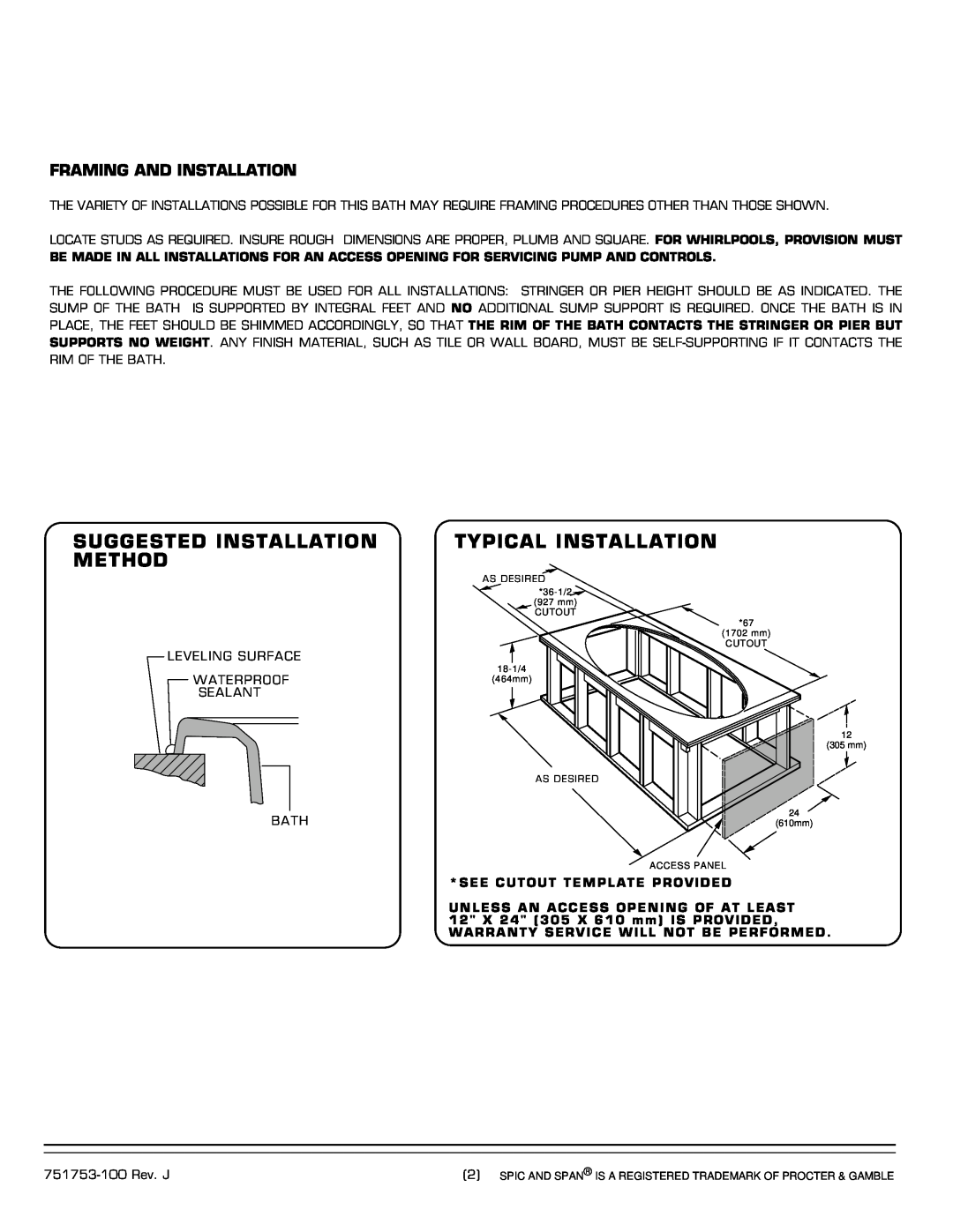 American Standard 2709.XXXW Suggested Installation Method, Typical Installation, Framing And Installation 