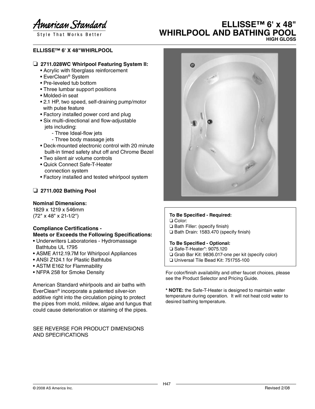 American Standard 2711.002, 2711.028WC dimensions Whirlpool and Bathing Pool, Ellisse 6 X 48WHIRLPOOL 