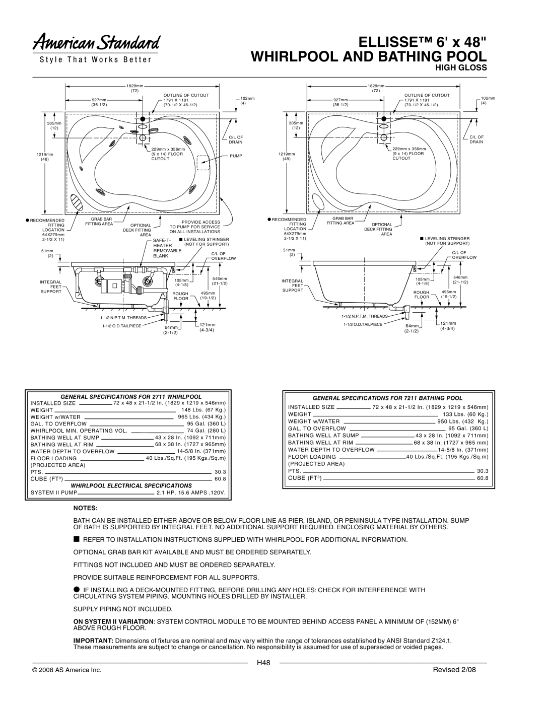 American Standard 2711.028WC General Specifications for 2711 Whirlpool, Whirlpool Electrical Specifications, Safe-T 