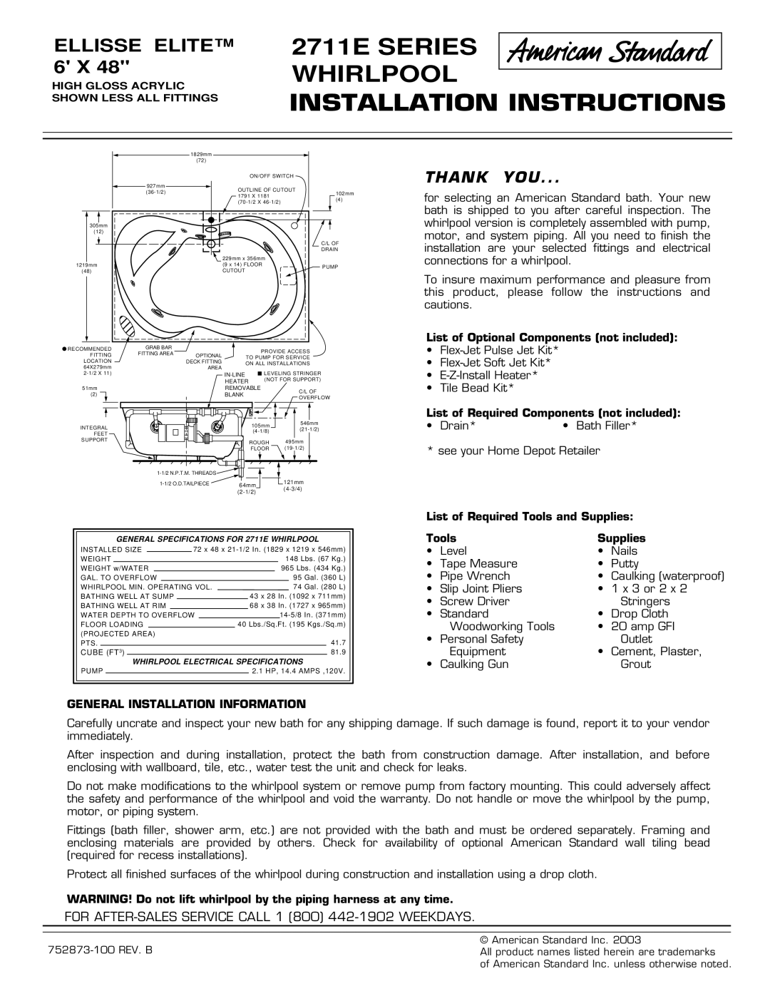 American Standard installation instructions 2711E Series Whirlpool Installation Instructions 