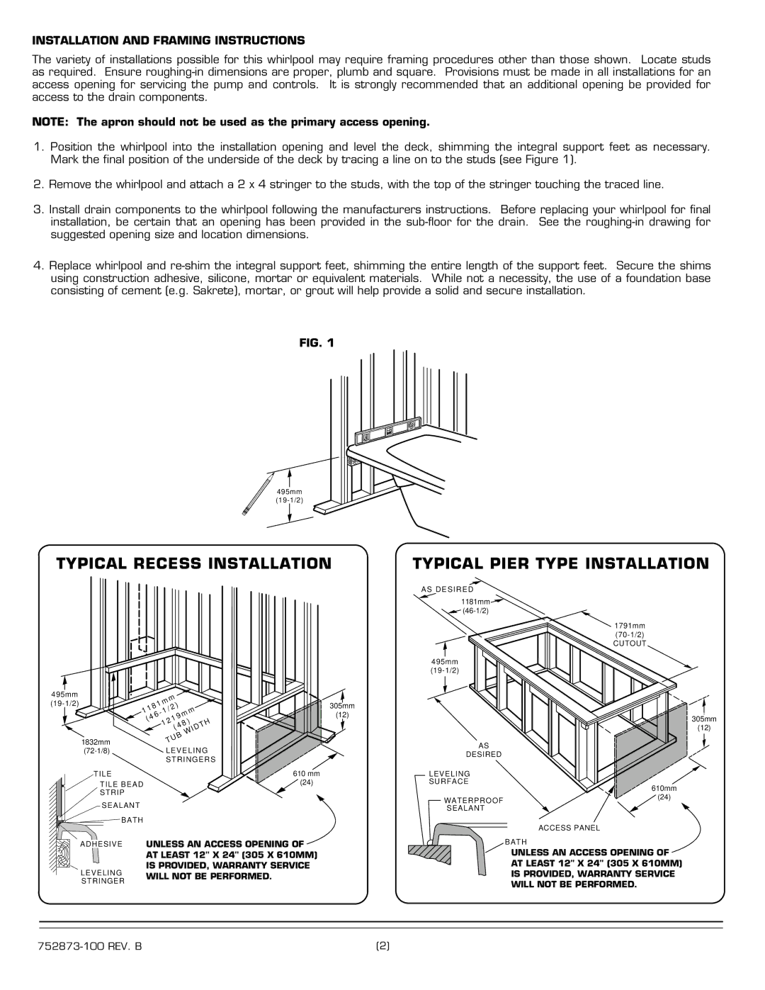 American Standard 2711E Typical Recess Installation, Typical Pier Type Installation, Installation and Framing Instructions 