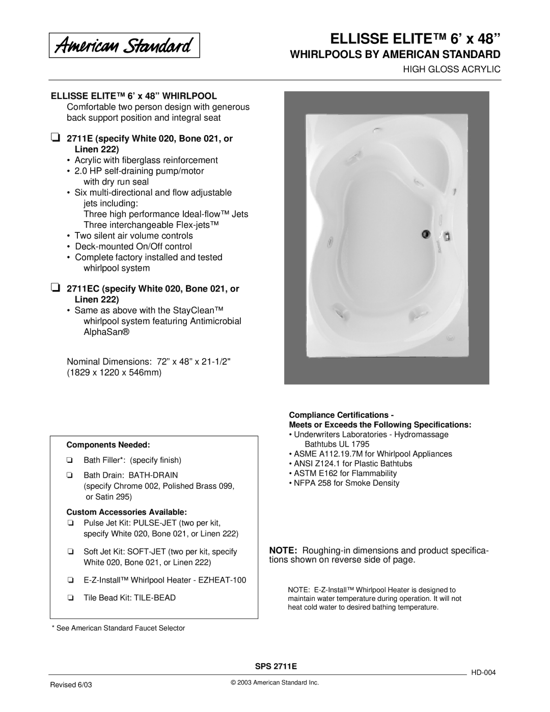 American Standard 2711EC dimensions Ellisse Elite 6’ x, Whirlpools by American Standard 