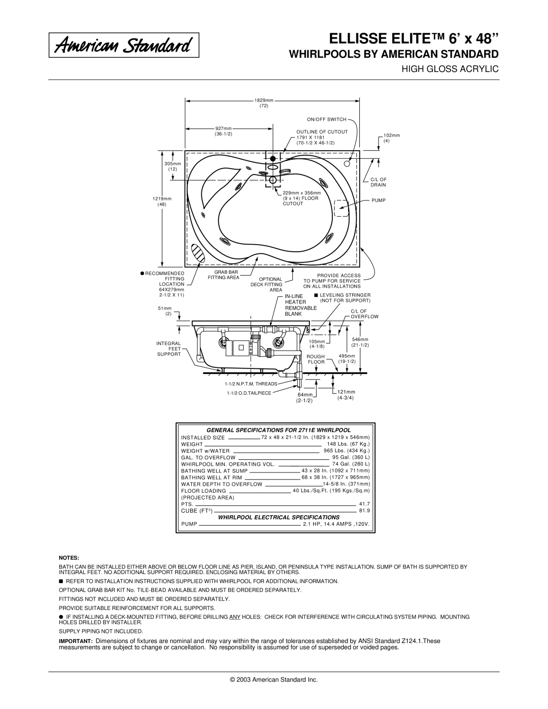 American Standard 2711EC dimensions General Specifications for 2711E Whirlpool, Whirlpool Electrical Specifications 