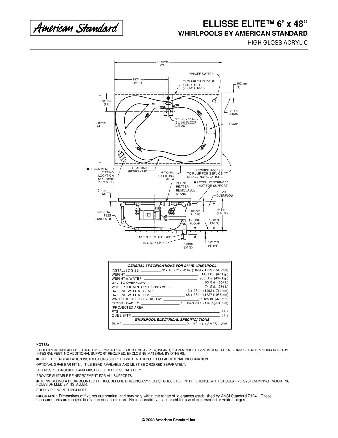 American Standard 2711EC dimensions ELLISSE ELITE 6’ x 48”, Whirlpools By American Standard, American Standard Inc 
