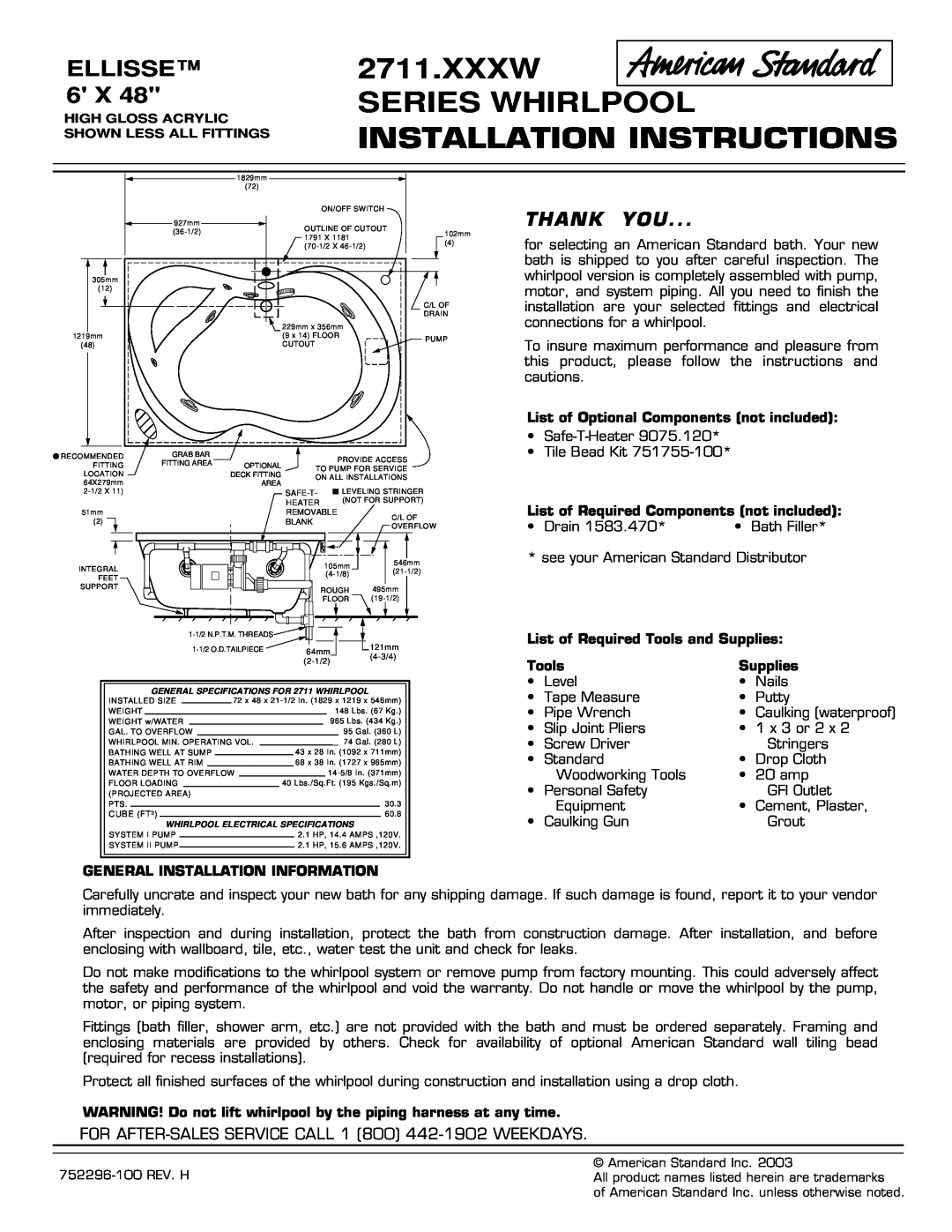 American Standard 2711.XXXW installation instructions Xxxw Series Whirlpool, Installation Instructions, Ellisse, Thank You 
