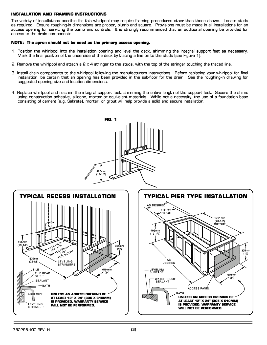 American Standard 2711.XXXW installation instructions Typical Recess Installation, Typical Pier Type Installation 