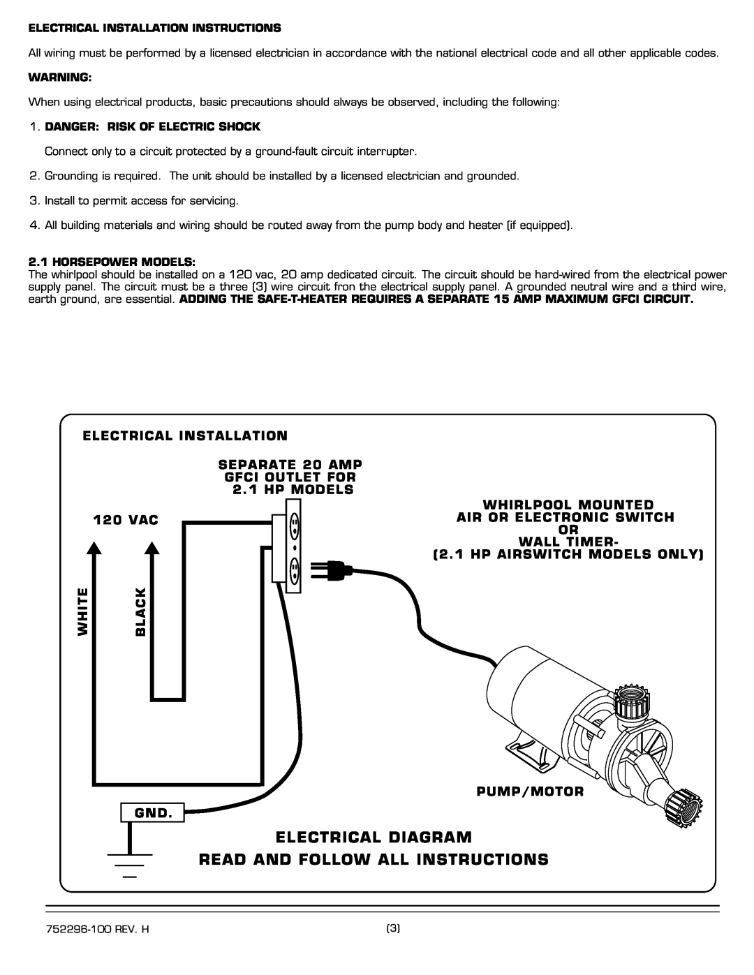 American Standard 2711.XXXW Electrical Diagram Read And Follow All Instructions, 120 VAC, White, Black, Horsepower Models 