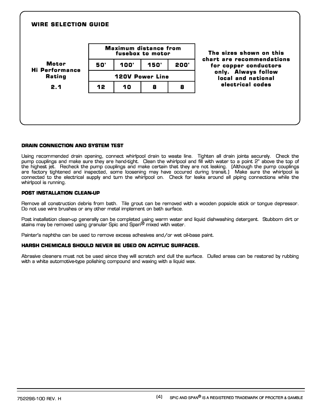 American Standard 2711.XXXW installation instructions WIRE SELECTION GUIDE Maximum distance from fusebox to motor 