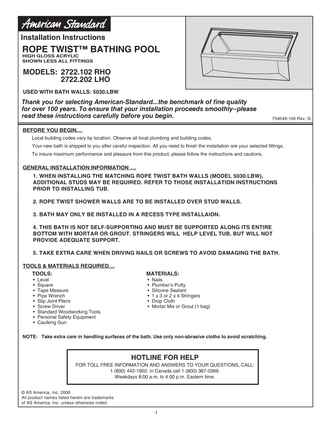 American Standard 2722.102 LHO, 2722.102 RHO installation instructions Rope Twist Bathing Pool 