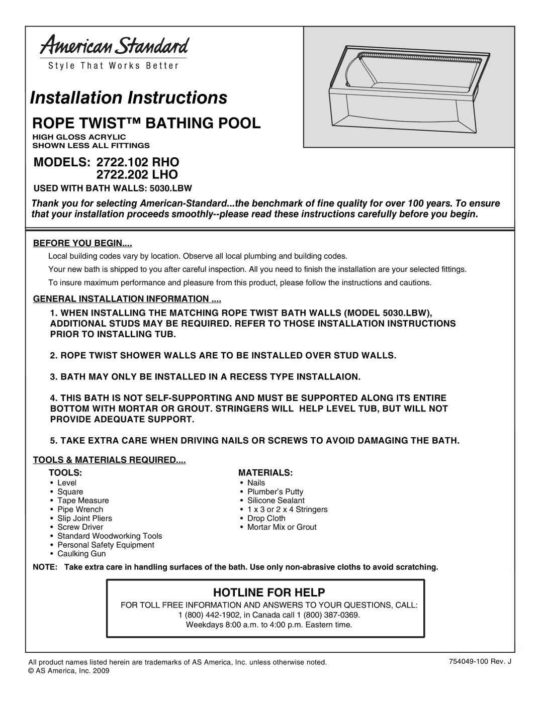 American Standard Rope Twist Bathing Pool warranty Installation Instructions, Hotline for Help, Before YOU Begin 