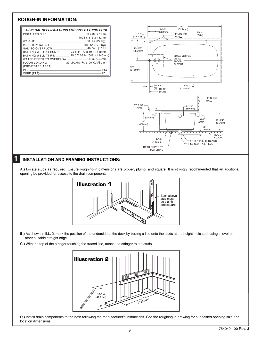 American Standard 2722.202 LHO, 2722.102 RHO Illustration, ROUGH-IN Information, Installation and Framing Instructions 