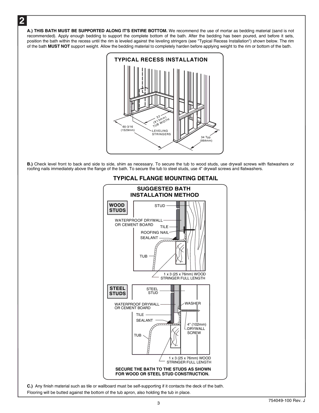 American Standard 2722.102 RHO, Rope Twist Bathing Pool warranty Typical Flange Mounting Detail, Typical Recess Installation 