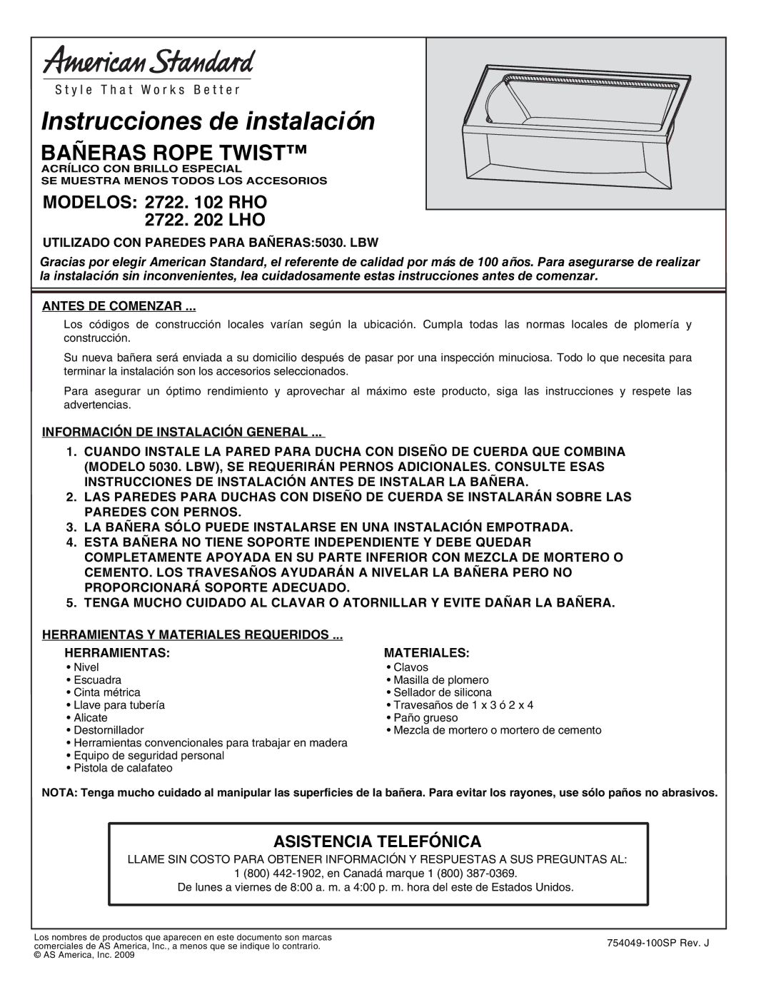 American Standard 2722.202 LHO Instrucciones de instalación, Bañeras Rope Twist, Asistencia Telefónica, Antes DE Comenzar 