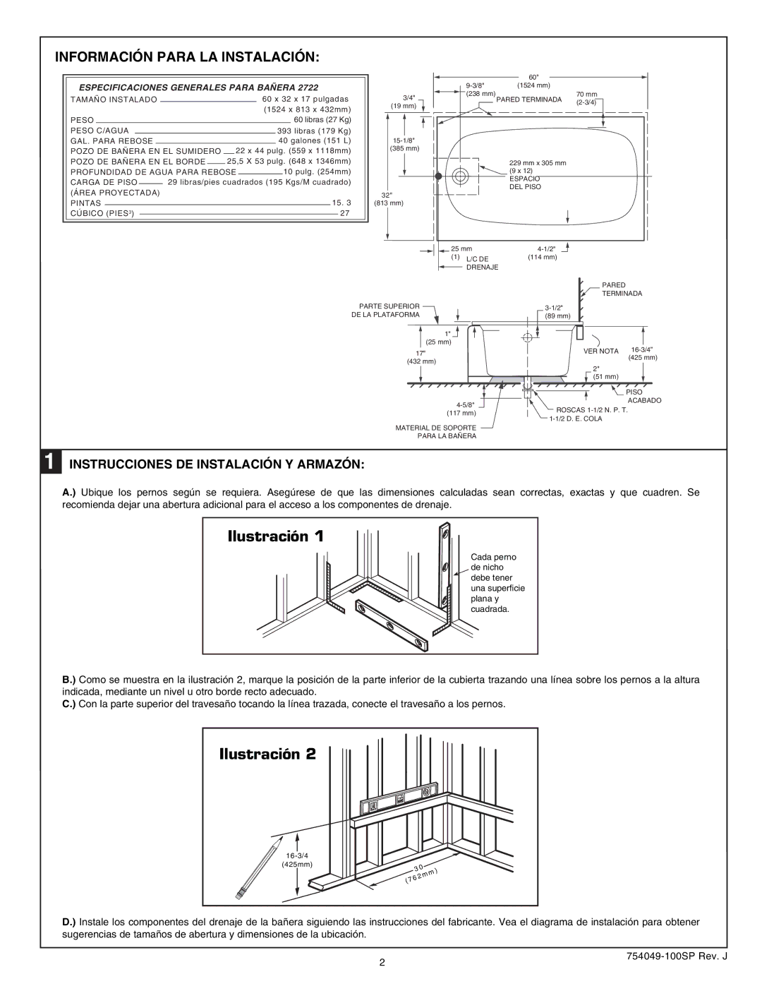 American Standard 2722.102 RHO Ilustración, Información Para LA Instalación, Instrucciones DE Instalación Y Armazón 