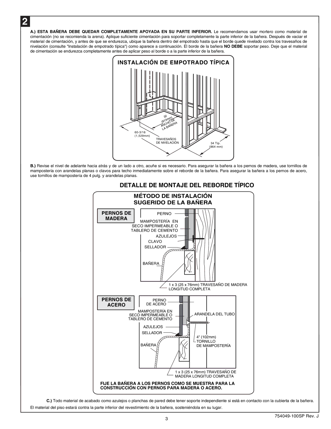 American Standard Rope Twist Bathing Pool warranty Detalle DE Montaje DEL Reborde Típico, Instalación DE Empotrado Típica 