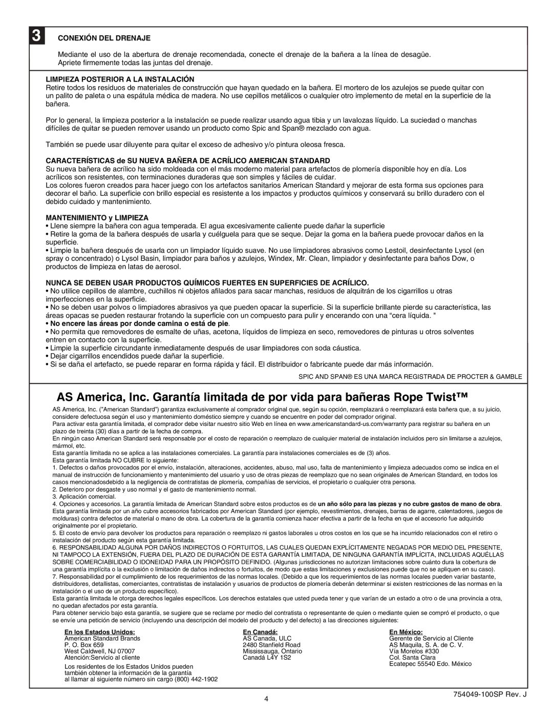 American Standard 2722.202 LHO, 2722.102 RHO warranty Conexión DEL Drenaje, Limpieza Posterior a LA Instalación 