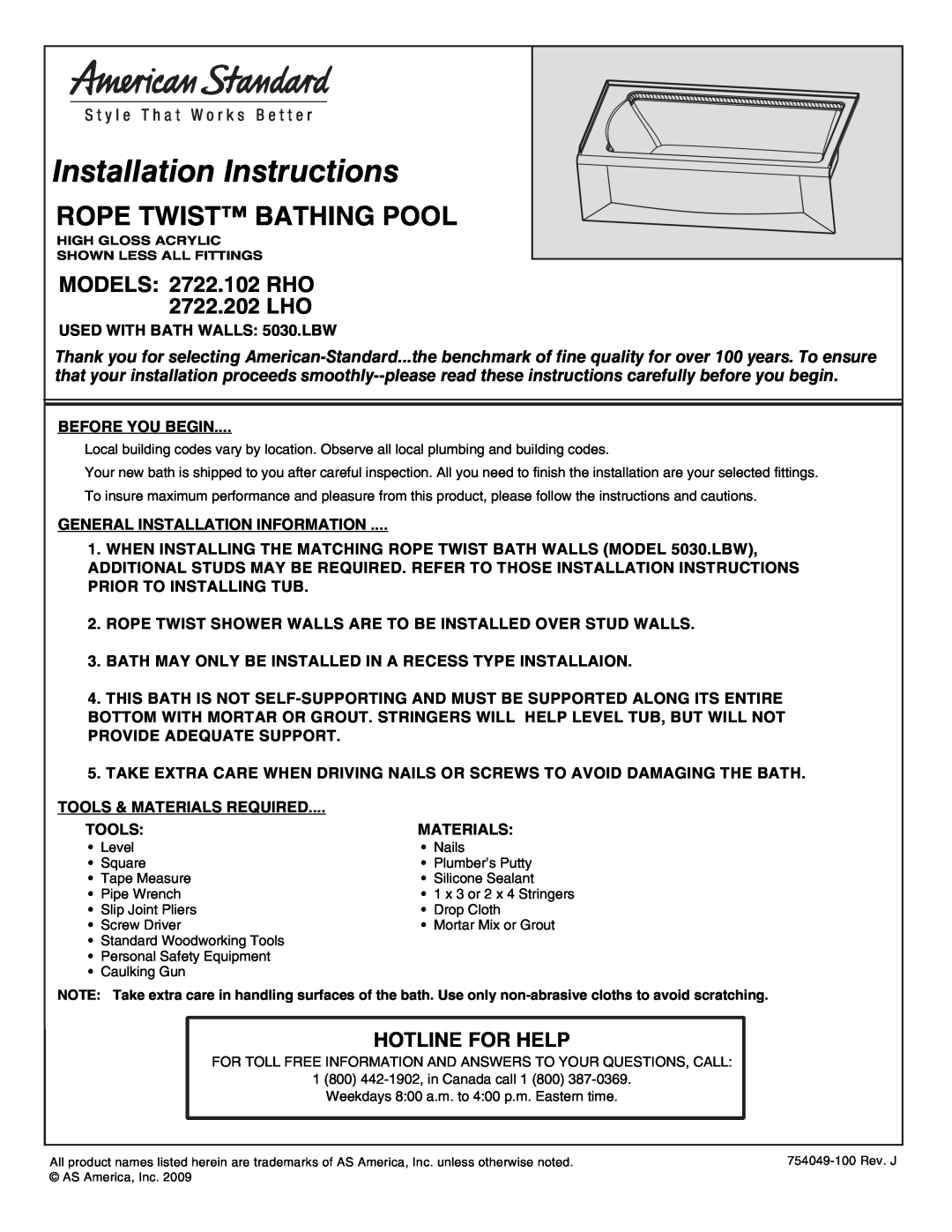 American Standard 2722.102 LHO installation instructions Hotline For Help, Rope Twist Bathing Pool, MODELS 2722.102 RHO 