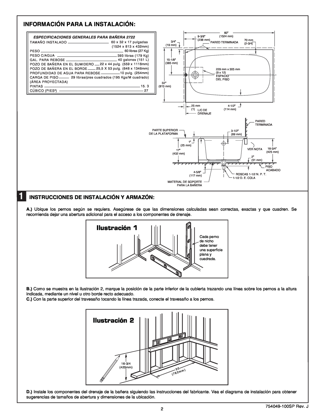 American Standard 2722.102 RHO, Rope Twist Bathing Pool, 2722.202 LHO warranty Ilustración, Información Para La Instalación 