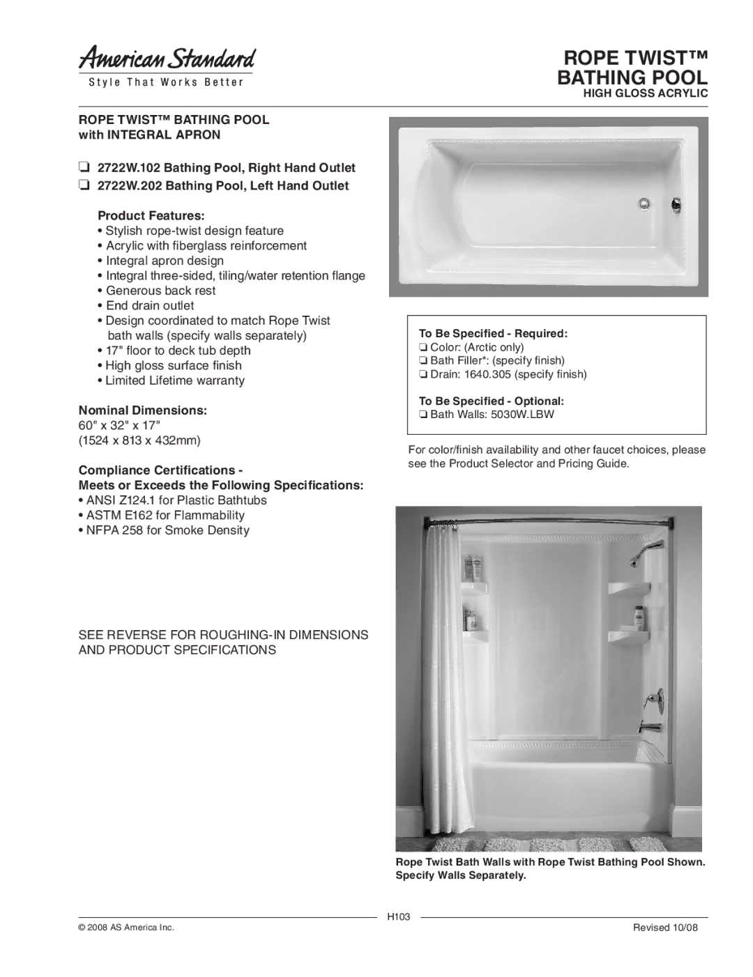 American Standard 2722W.102, 2722W.202 warranty Rope Twist Bathing Pool, Nominal Dimensions, Compliance Certifications 