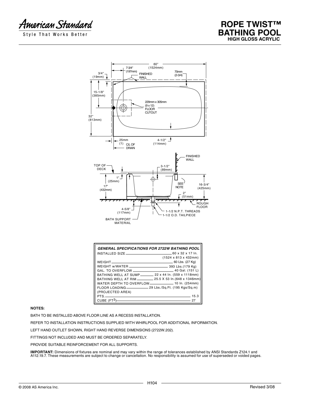 American Standard 2722W.202, 2722W.102 warranty General Specifications for 2722W Bathing Pool 